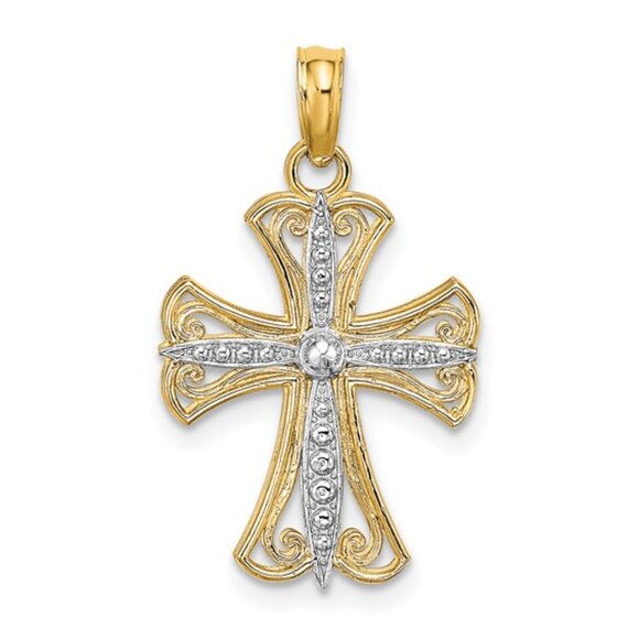 14k Two-tone Gold Religious White Cross Yellow Frame Necklace Charm w Chain - Picture 2 of 9